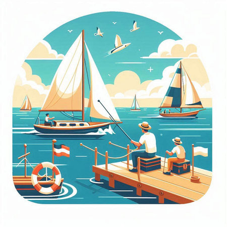 Sailing boats on the sea. Vector illustration in retro style.のイラスト素材