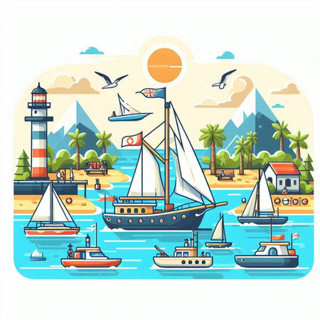 Seascape with boats and lighthouse. Vector illustration in flat styleのイラスト素材