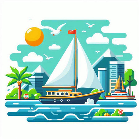 Sailing boat on the sea. Vector illustration in flat style.のイラスト素材