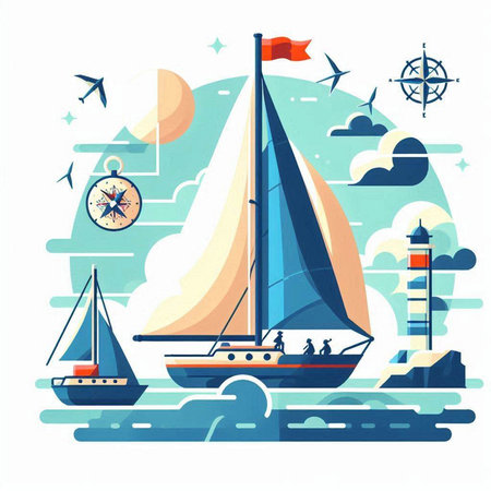 Sailing boat on the background of the sea. Flat vector illustration.のイラスト素材