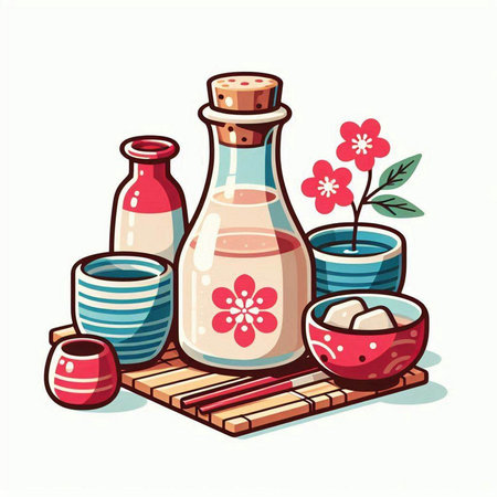 Illustration of a set of Japanese tea ceremony. Vector illustration.のイラスト素材