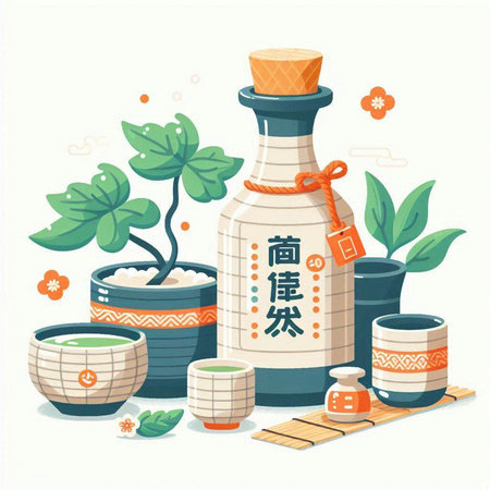Japanese sake bottle with rice and seaweed. Vector illustration in cartoon style.のイラスト素材