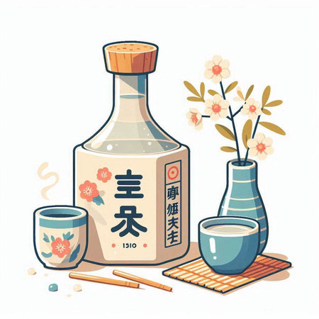 Japanese sake set. Vector illustration of sake bottle and sake cup.のイラスト素材