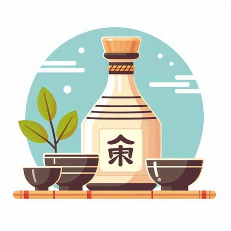 Japanese sake bottle and teapot. Vector illustration in flat style.のイラスト素材