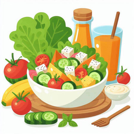 Healthy vegetable salad with feta cheese, cucumber, tomato and basil in bowl.のイラスト素材