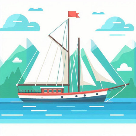 Sailing ship on the sea. Vector illustration in flat style.のイラスト素材