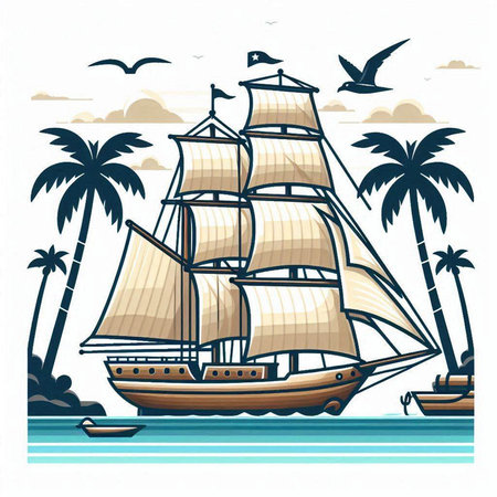 Sailing ship on the background of palm trees. Vector illustration.のイラスト素材