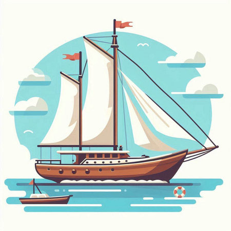 Sailing ship in the sea. Vector illustration in flat style.のイラスト素材
