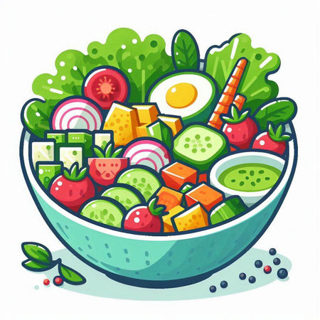 Vegetable salad in bowl isolated on white background. Vector illustration.のイラスト素材