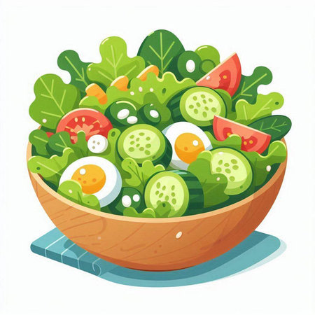 Vegetable salad in a bowl isolated on white background. Vector illustration.のイラスト素材
