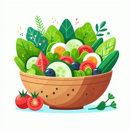 Healthy vegetable salad in a bowl. Vector illustration in cartoon style.のイラスト素材