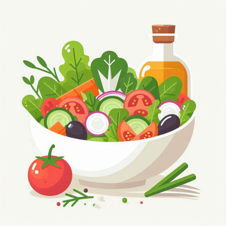 Fresh vegetable salad in a bowl. Healthy food concept. Vector illustration.のイラスト素材
