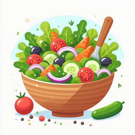 Fresh vegetable salad in a bowl. Healthy food. Vector illustration.のイラスト素材