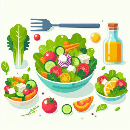 Vector illustration of fresh vegetable salad in bowl with fork and spoon.のイラスト素材
