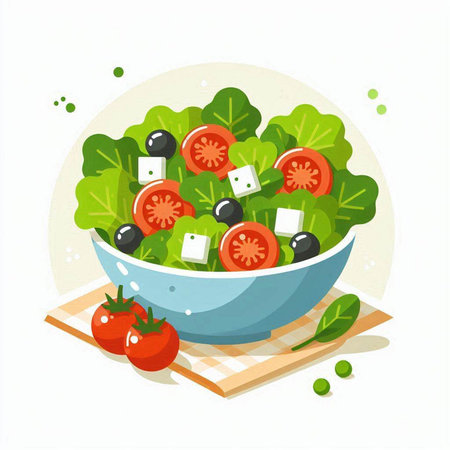 Vegetable salad in a blue bowl. Vector illustration in flat style.のイラスト素材