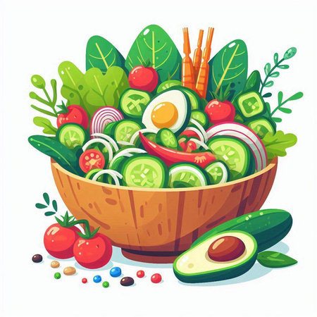 Vegetable salad in a wooden bowl. Vector illustration isolated on white background.のイラスト素材