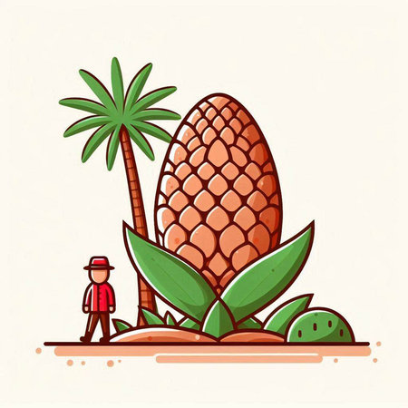 Pineapple tree and man on the beach. Vector illustration.のイラスト素材