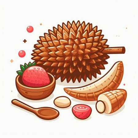 Illustration of Durian fruit and wooden spoon. Vector illustration.のイラスト素材
