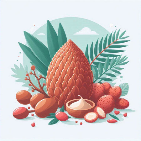 Vector illustration of a tropical palm tree with fruits, leaves and berries.のイラスト素材