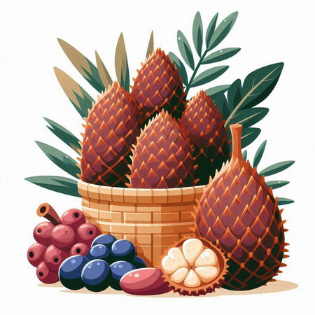 Fruits and berries in a wicker basket. Vector illustration.のイラスト素材
