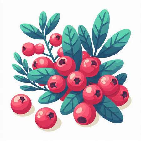 Cranberry branch with berries and leaves. Vector illustration in cartoon style.のイラスト素材