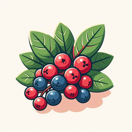 Illustration of a bunch of red and blue berries with green leavesのイラスト素材