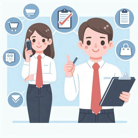 Businessman and businesswoman with mobile phone and checklist. Vector illustration.のイラスト素材