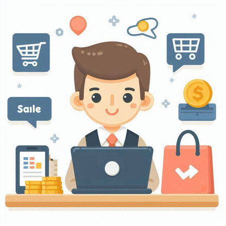 Businessman working with laptop and online shopping icons. Vector illustration.のイラスト素材