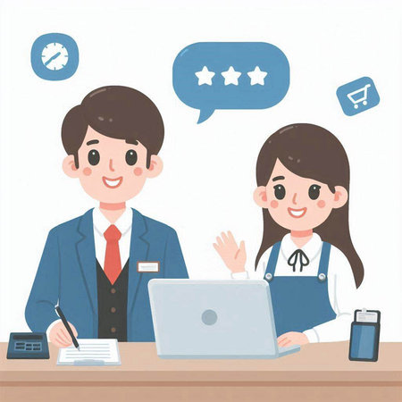 Male and female receptionist at the reception desk with a smile.のイラスト素材