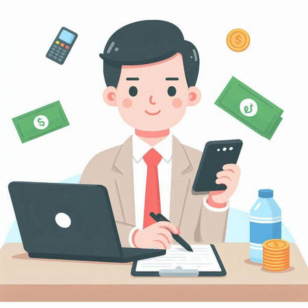Businessman working at office with laptop, smartphone and money. Vector illustration.のイラスト素材