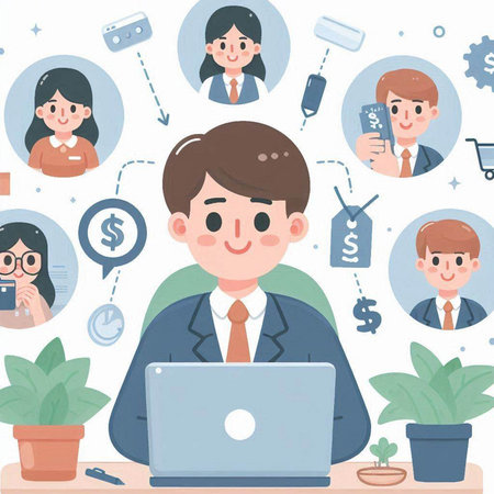 Businessman and businesswoman working on laptop. Flat design style vector illustration.のイラスト素材