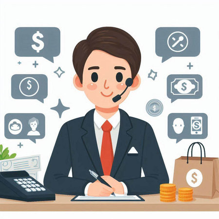 Businessman call center. Vector illustration in cartoon style on white background.のイラスト素材