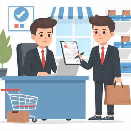 Businessman and customer at the check-in counter. Vector illustration.のイラスト素材