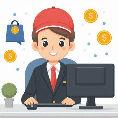 Illustration of a Businessman Working on His Personal Computer with Coinsのイラスト素材