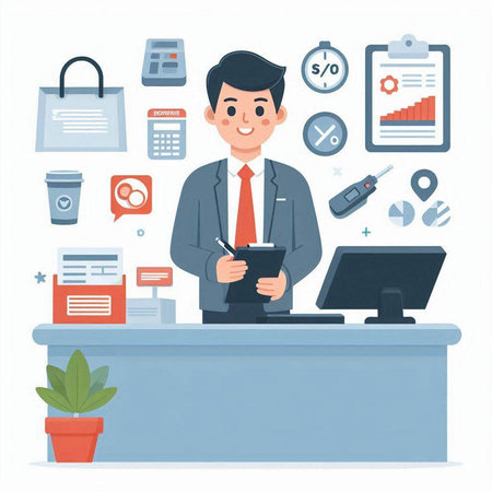 Businessman working at the office. Flat design style vector illustration.のイラスト素材