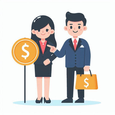 Businessman and businesswoman pointing at dollar sign. Vector illustration.のイラスト素材