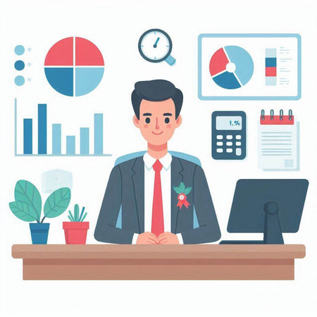 Businessman sitting at desk in office. Vector illustration in flat styleのイラスト素材