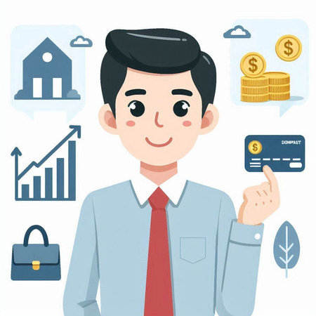 Businessman with money and finance icons. Vector illustration in flat styleのイラスト素材