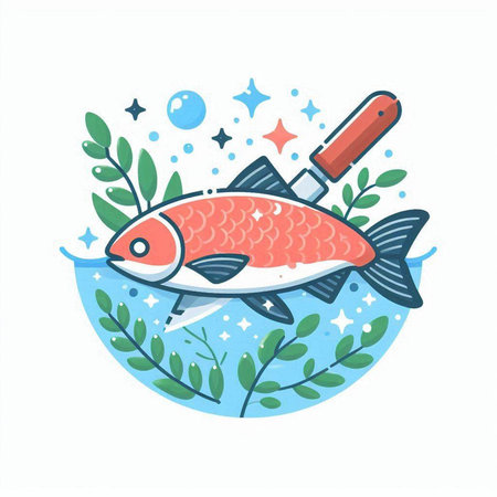 Fish with a knife on a white background. Vector illustration in a flat style.のイラスト素材