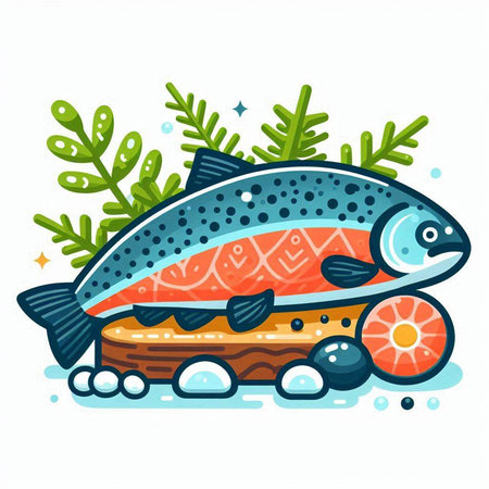Vector illustration of a salmon on a piece of wood with algae.のイラスト素材