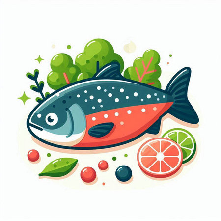 Vector illustration of fresh salmon with vegetables and fruits isolated on white background.のイラスト素材