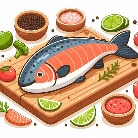 Salmon fish with vegetables and spices on wooden board. Vector illustrationのイラスト素材
