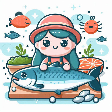 Vector illustration of a cute little girl holding a salmon in her handsのイラスト素材