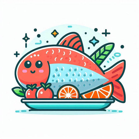 Funny fish with fruits. Vector illustration in doodle style.のイラスト素材