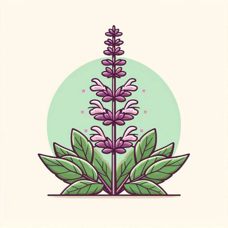 Lavender flower with green leaves. Vector illustration in retro style.のイラスト素材