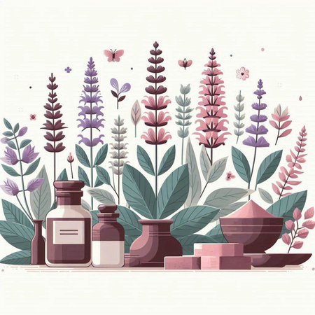 Lavender cosmetic products and herbs. Hand drawn vector illustration.のイラスト素材