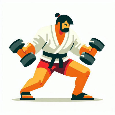 Vector illustration of a man in a kimono with dumbbellsのイラスト素材