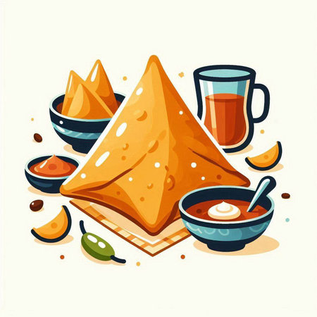 Vector illustration of samosas with sauce in bowl. Traditional mexican food.のイラスト素材