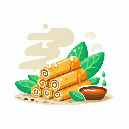 Cinnamon sticks with honey and green leaves. Vector illustration in cartoon style.のイラスト素材