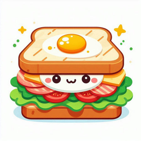 Cute cartoon sandwich with fried egg. Vector illustration isolated on white background.のイラスト素材